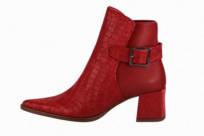 Women's scarlet red back-buckle ankle boots with pointed toe and mid block heel - Profile view